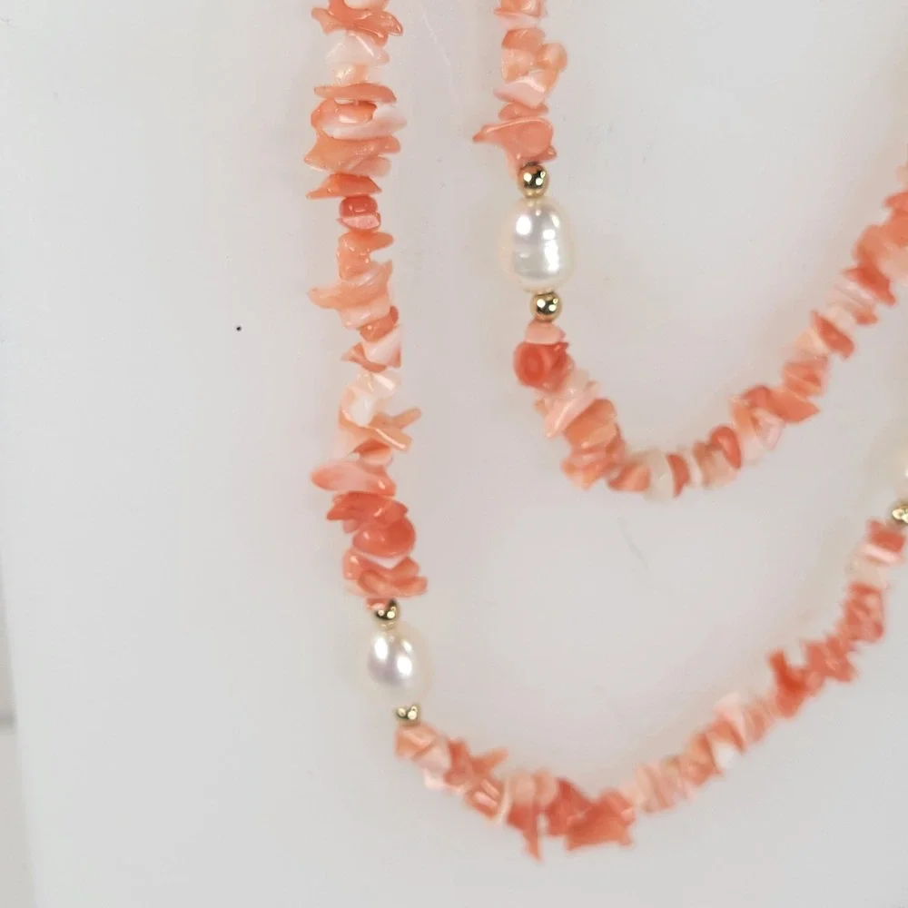 Vintage Pink Coral Chip Necklace Freshwater Pearls 14K Gold Spacers 34